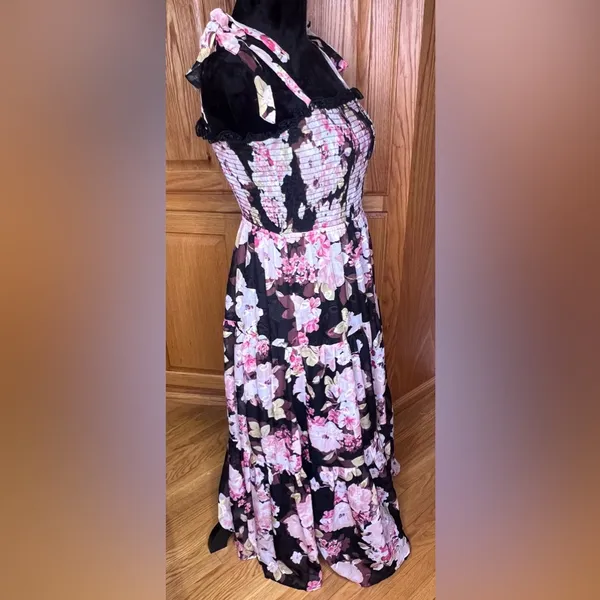 Lulus Wowing Wonder Black Floral Jacquard‎ Smocked Tie-Strap Tiered Midi Dress - Image 9