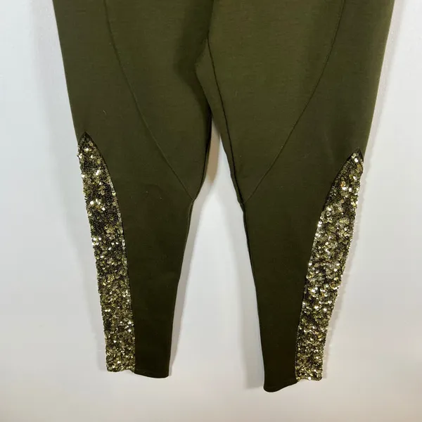 Alice + Olivia Olive Green Sequin Panel‎ Leggings Slim Fit Pants Stretch Green - Image 4
