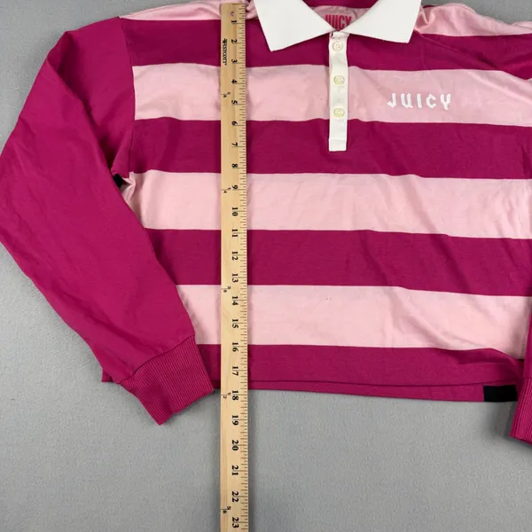 Juicy by Juicy Couture Pink Striped Long Sleeve Cropped Rugby Polo Shirt Small - Image 3