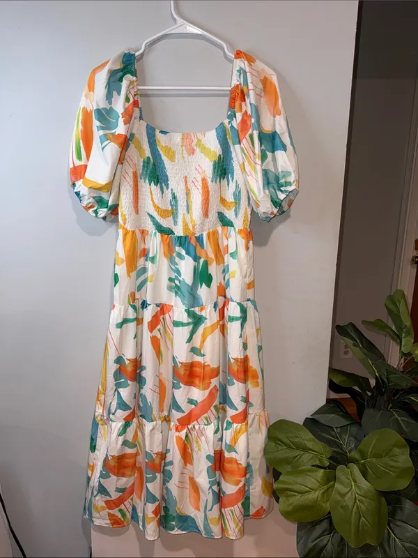 Smocked Puff-Sleeve Midi Dress in White with Orange & Teal Print - Image 7