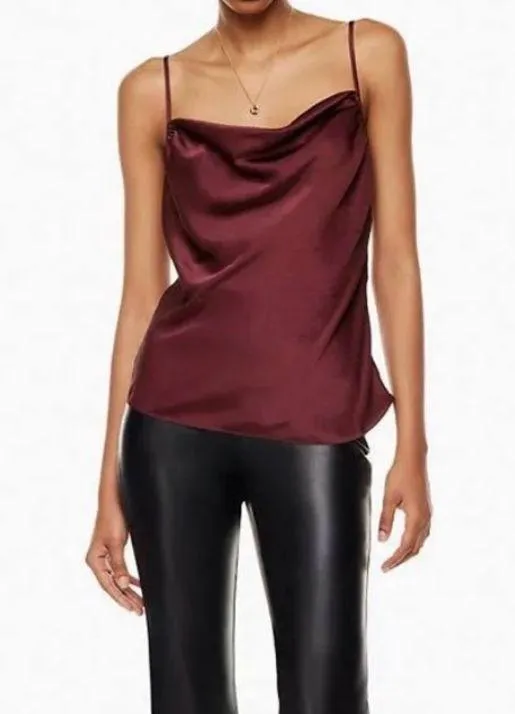 Aritzia Wilfred Allusion Burgundy Wine Satin Draped Front Top Small - Image 3