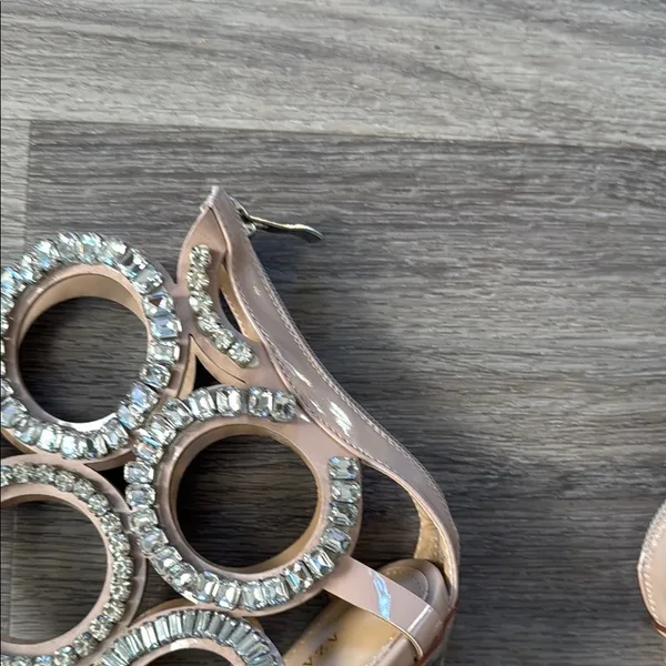 Azelia Wang Tan Stiletto Sandals 9 Nude Embellished PUT A RING ON IT Sexy Heels - Image 10