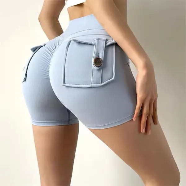 Blue Button Scrunch Workout Shorts - Image 2
