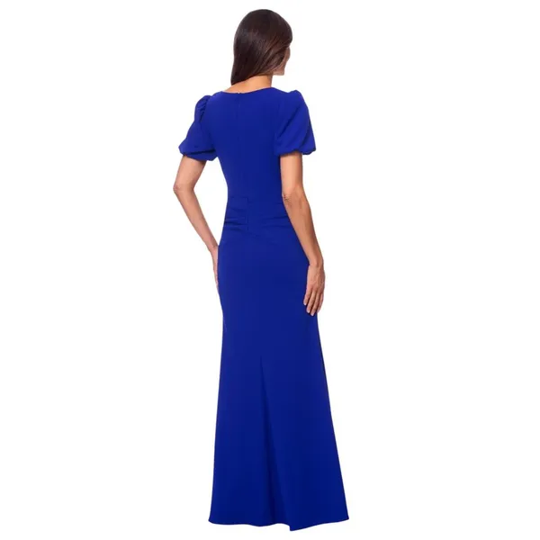 NWT Xscape Scuba Crepe V Neck Ruffled Puff Sleeve Dress Gown Marine Blue 14P - Image 3