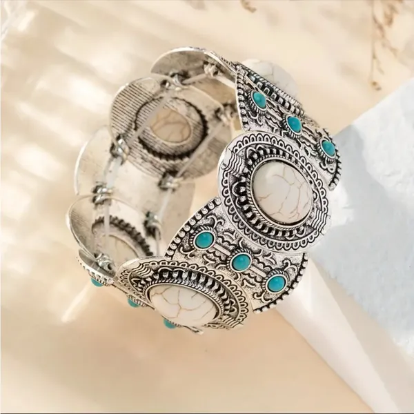 Bohemian Retro Style Silver Color Elastic‎ Women's Turquoise Bracelet - Image 7