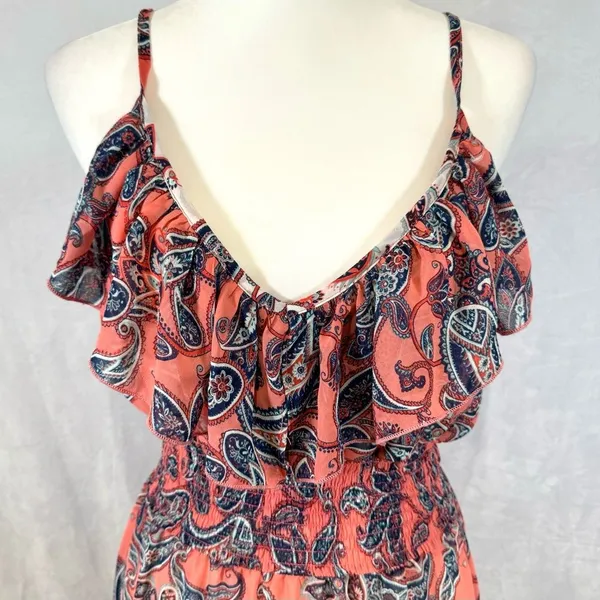 Pink and white paisley print boho smocked ruffle maxi dress size XL - Image 3