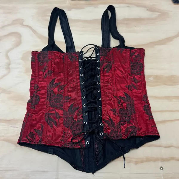 Y2K‎ Vintage Victoria’s Secret Lace Up Floral Corset Top Black Red Medium - Image 2
