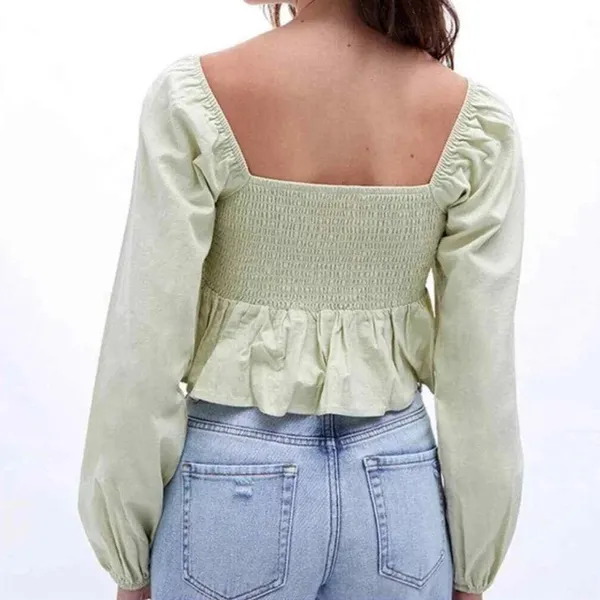LA Hearts Green Cotton Smocked Ruffle Long Sleeve Babydoll‎ Crop Top Small - Image 2