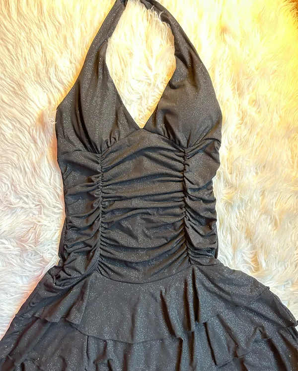 La Belle Vintage Y2K Black Glitter Ruched Halter Tiered Dress Medium Homecoming - Image 10