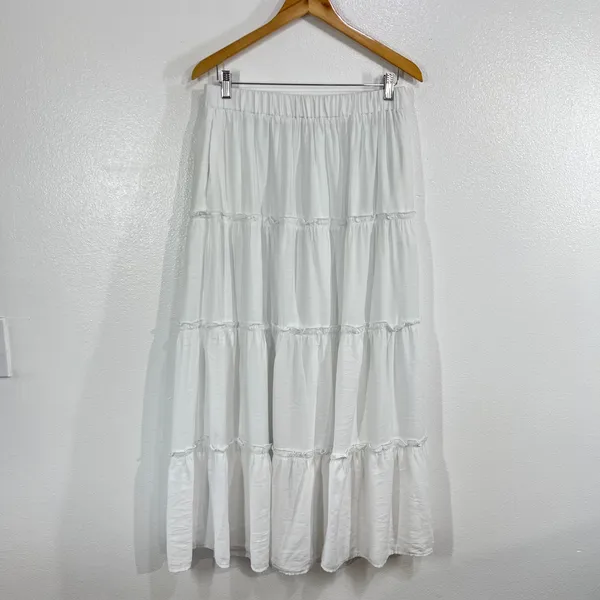 Trendy Queen Tiered Maxi Skirt Womens L White Elastic Waist Boho Cottagecore - Image 2