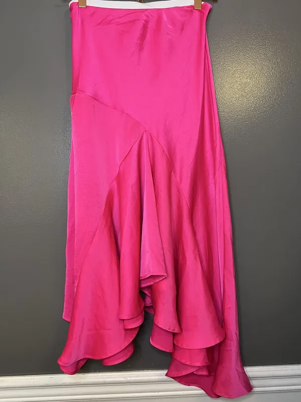 Anthropologie Skirt Womens XXS Pink Satin Asymmetric Ruffle Layered Long Party - Image 7
