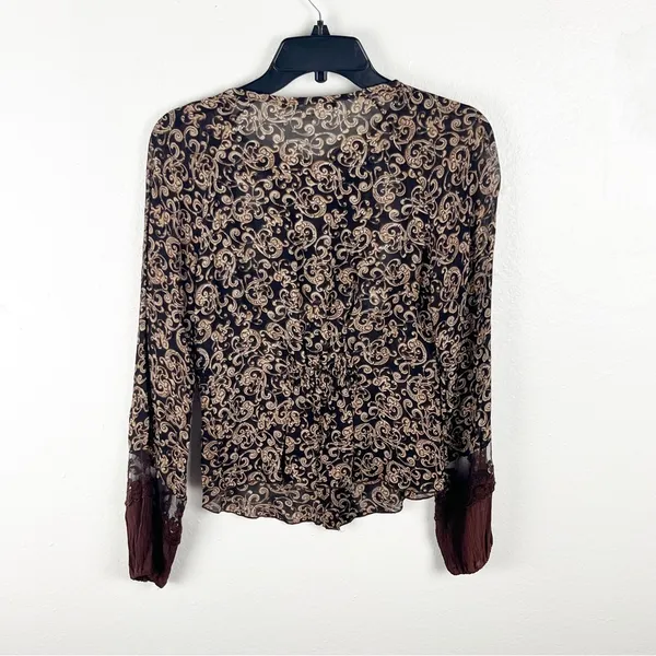 SANDRO Baroque Brown Paisley Print Sheer Lace Trim Blouse Size Small Boho Chic - Image 2