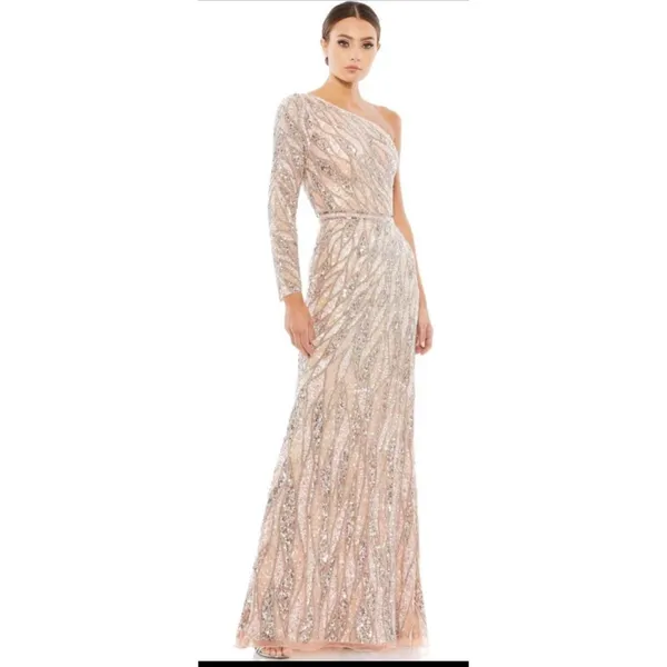 MAC DUGGAL 4982 EMBELLISHED ONE SLEEVE W/ SEQUIN BELT ROSE GOLD GOWN sz 8 - Image 4