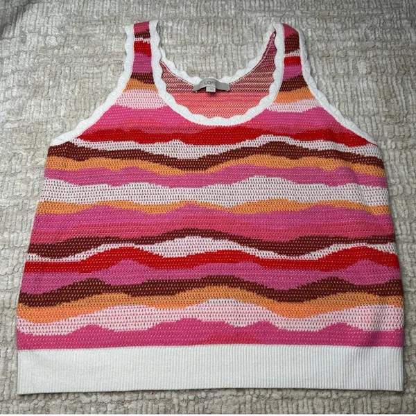 LOFT Knit Pink and Orange Color Block Wave Tank - Image 4