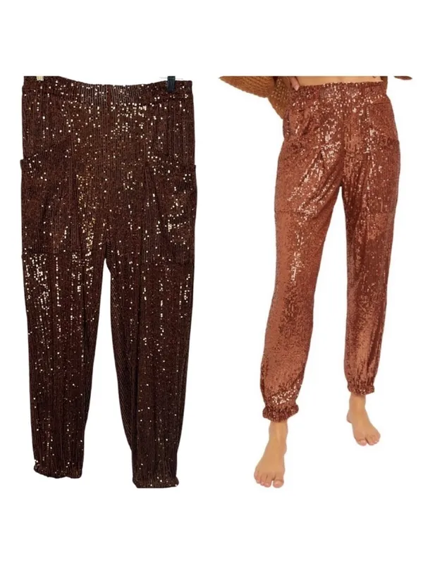 Free People Morelia Bronze Sequin Jogger Pants Sz M Shiny Sparkly Party Festival - Image 2