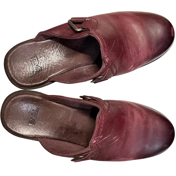 Teva 5‎ Leather Heels Mules Clogs Burgundy Nubuck Boho Fall Western Leather Y2K - Image 5