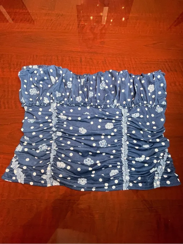 Free People Blue Scottie Printed Tube Sleeveless Top Stretchy Sz L BarbieCore - Image 3