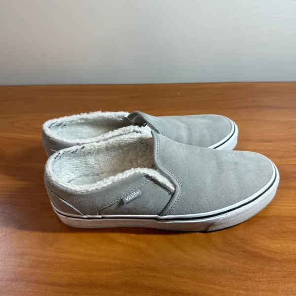 Vans Classic Slip On Sherpa Lined Sneaker Grey Suede Leather Comfort Winter W8.5 - Image 3