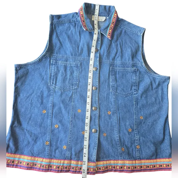Casey & Max Embroidered Denim 100% Cotton Vest with Colorful Trim‎ Size XL - Image 3