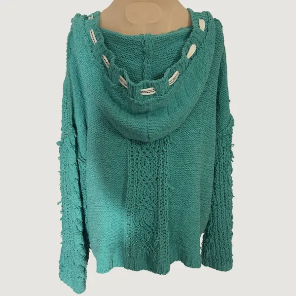 3281 | POL YST410 Chenille Cable Knit Hoodie Sweater Turquoise Boho Women L - Image 2