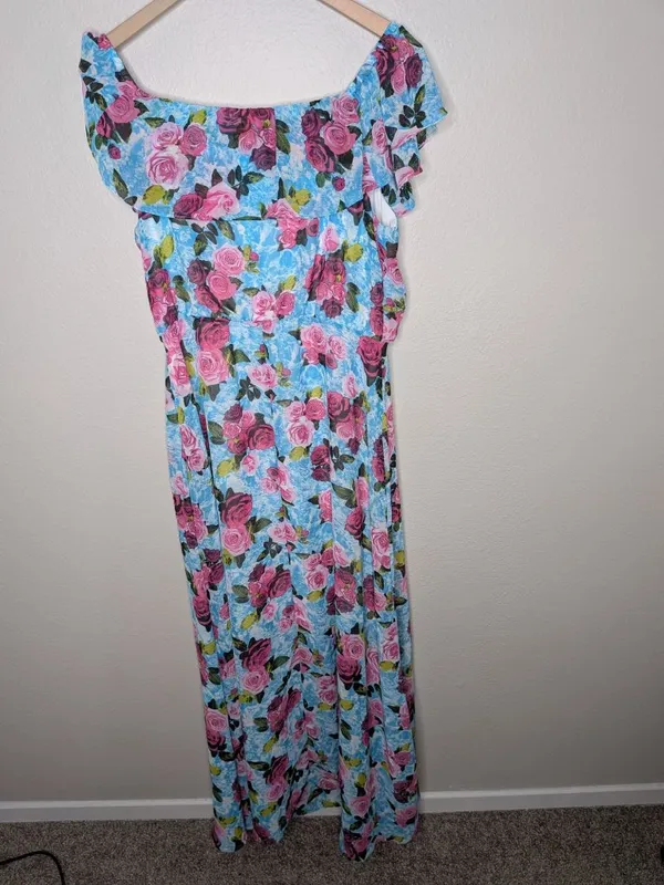 Betsey Johnson Floral Maxi Dress Off-Shoulder Ruffle Sleeves Pink Blue Size 14 - Image 7