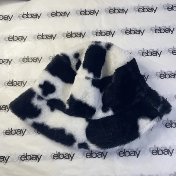 Cow Print Faux Fur Bucket Hat Black & White Fluffy Y2K Unisex - Image 2