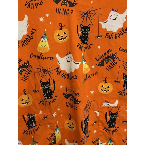 Scrubstar Womens L Halloween Print V-Neck Short Sleeve Scrub Top Cotton Orange - Image 4