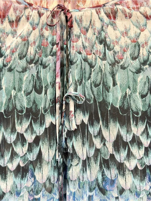 BCBGMAXAZRIA Feather Print Sheer Peasant Blouse Blue Purple Tie Neck Size L - Image 8