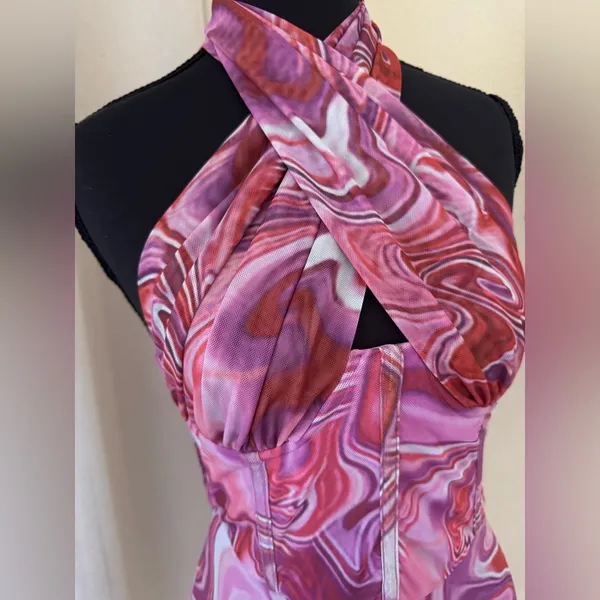 Bardot Pink Tie Dye Mesh Halter Mini Dress XS Y2K Bodycon Ruched - Image 4
