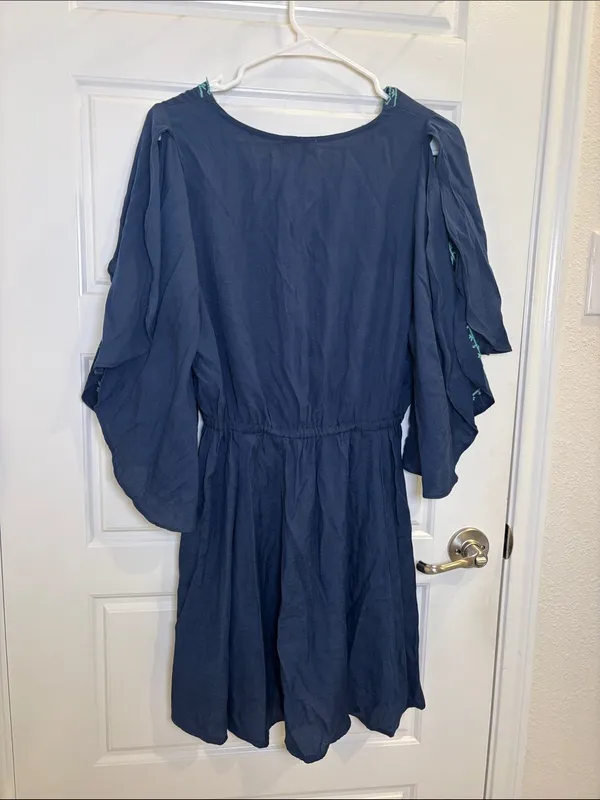 Umgee Embroidered Boho Dress Small Navy Floral Bell Sleeve Mini Dress - Image 3