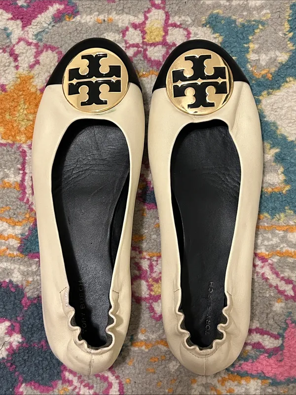 Tory Burch Claire Cap Top Leather Ballet Flats in New Cream/Black Size 9 Neutral - Image 5