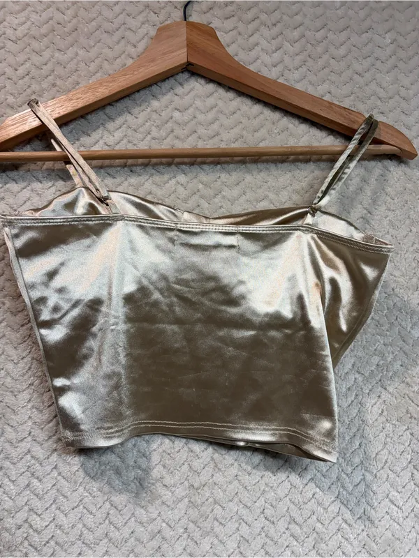 Popular 21 Gold Satin Bustier Crop Top Ivory Metallic Corset Cami Womens Small - Image 3