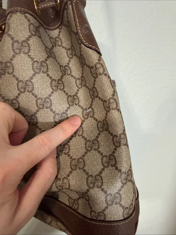 Authentic GUCCI Brown & Cream GG Supreme Monogram Drawstring Shoulder Bag Purse - Image 6