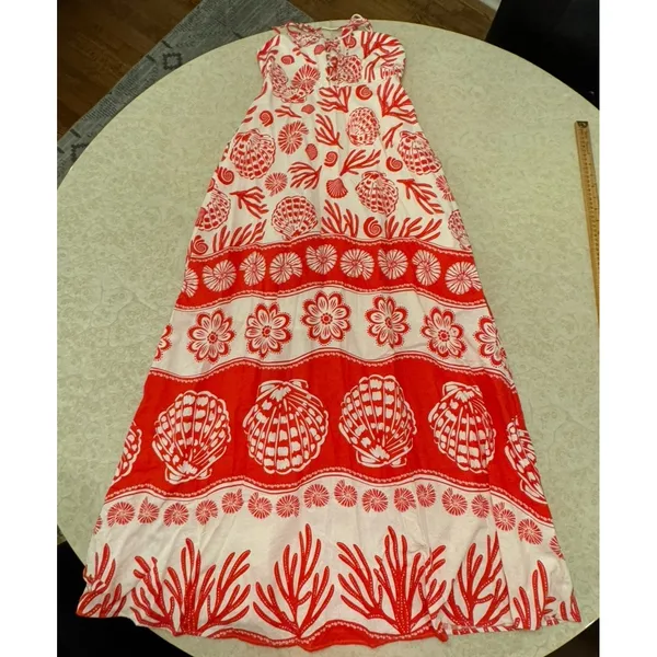 Calypso‎ St Barth Maxi Dress Red White Linen Blend Shells Boho Resort Size XS - Image 4