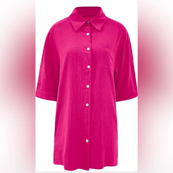 Pink Button Down 3/4 Sleeve Shirt Size M - Image 3