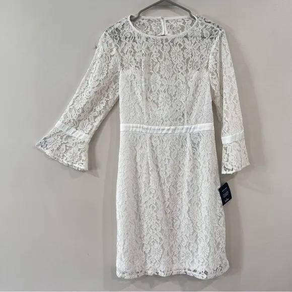 NWT Lulus Show My Love White Floral Lace 3/4 Bell Sleeve Mini Dress‎ MEDIUM - Image 7