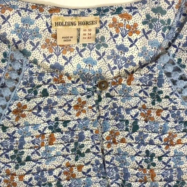 Holding Horses Anthropologie Blue Floral Babydoll‎ Mini Dress Crochet Trim - 10 - Image 7