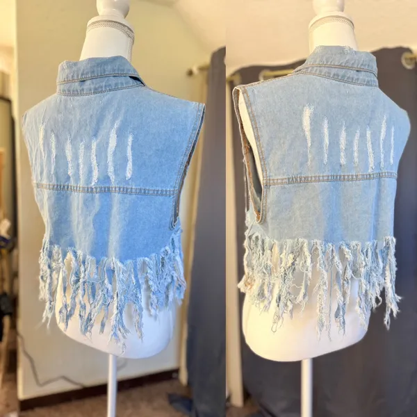 Spoon Jeans Denim Vest Women XL Blue Distressed Rhinestone Fringe Western Crop - Image 6