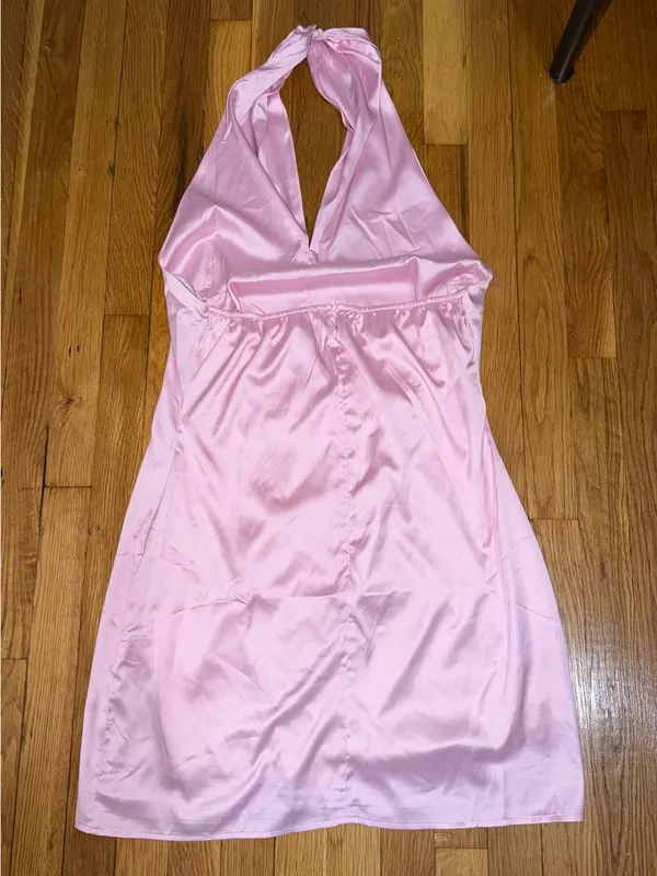 Boohoo Size 10 Pink Satin halter Mini Dress Backless Sleeveless Party Slip - Image 2