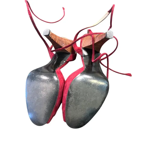 70's vintage burgundy suede peep toe sandals wrap kitten heels ankle strap 5 - Image 7