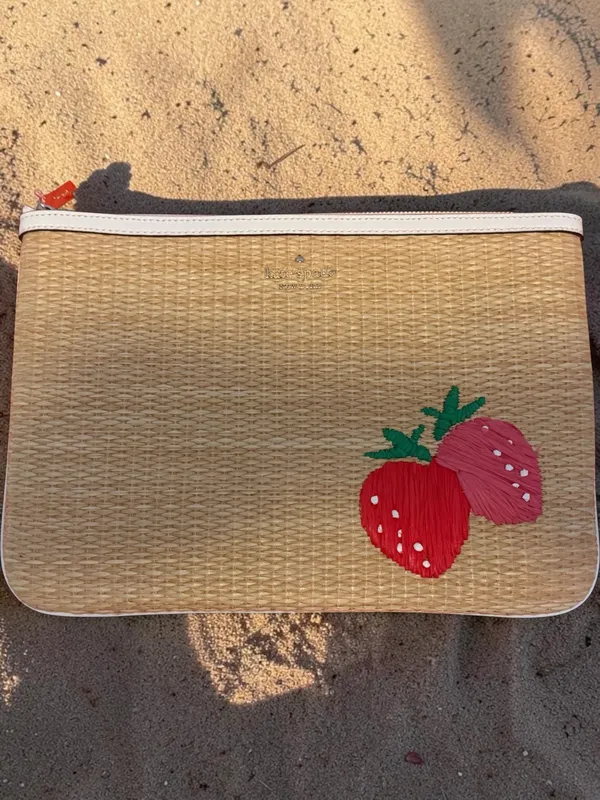 Kate Spade HAND MADE Straw Woven Pouch with Strawberry Embroidery. - Image 2