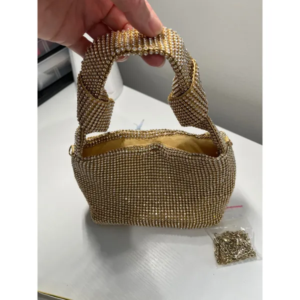 Gold Rhinestone Mesh Knotted‎ Handle Evening Handbag with Detachable Chain Strap - Image 3