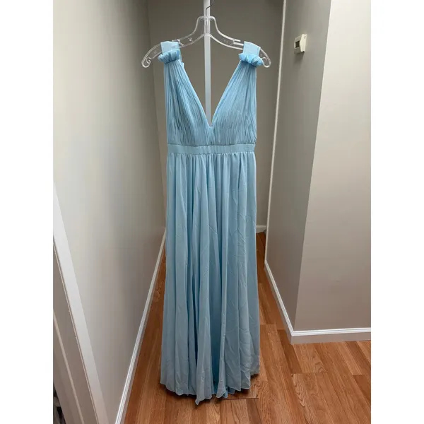 NEW NWT Ieena Mac Duggal 55321 Chiffon Gown Mist Blue Ruched Formal Women Size 0 - Image 5