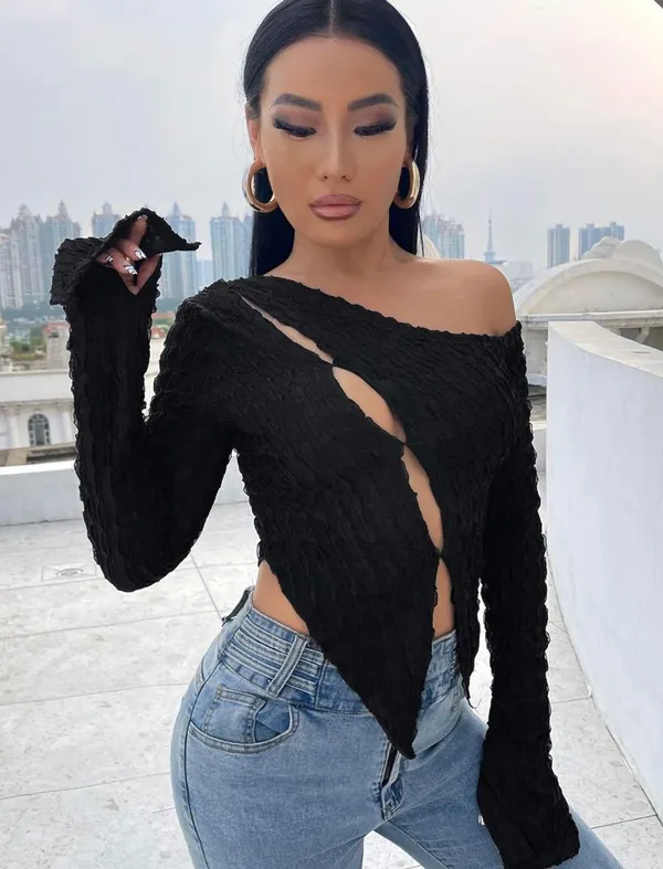 Long Sleeve Asymmetrical Top Black - Image 4