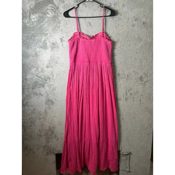 Anthropologie The Marisol Smocked Gauze Maxi Dress Size Medium Pink Tropical‎ - Image 3