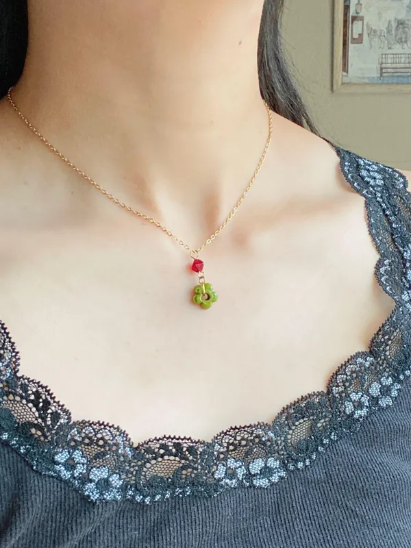 Handmade artisan chunky mini flower glass beads & red Czech glass beads cute fairy cottage chic necklace 💐🩵 - Image 5