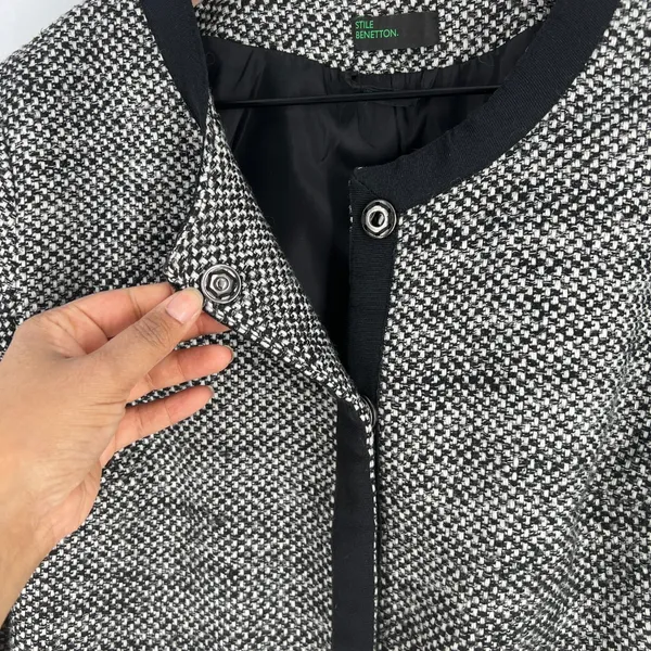 Stile Benetton Blazer Womens S Black White Tweed Casual Office Work‎ Snap Front - Image 6