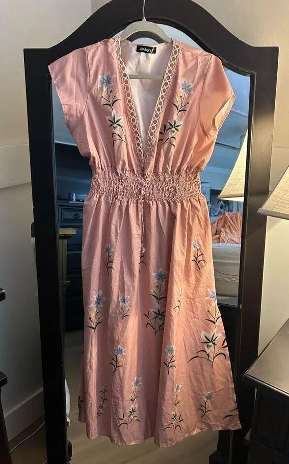 NEW Allegra K Deep V Neck Boho Floral Smocked Waist Midi Dress L - Image 5