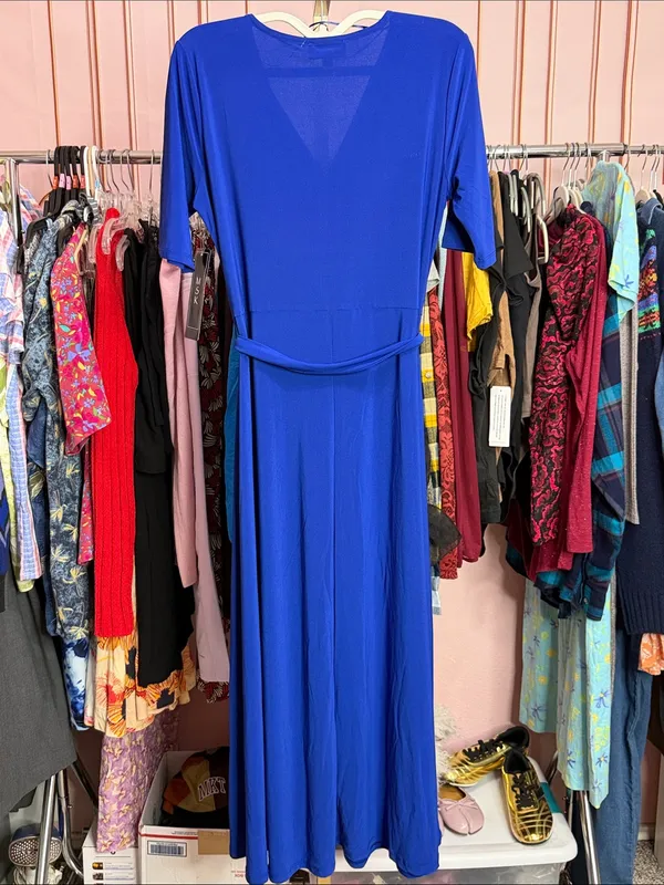 MSK Royal Blue Tie Waist V Neck Maxi Dress Short Sleeve Stretch. Size S - Image 8