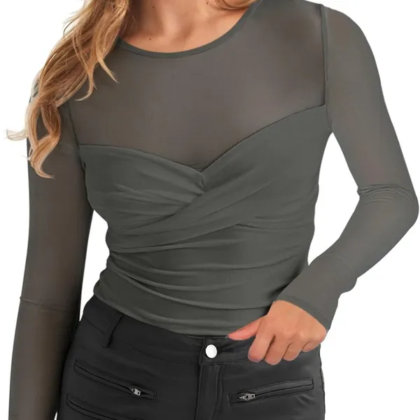 NWT REORIA Women’s Sheer‎ Mesh Long Sleeve Front Twist Knot Ruched Top - Large - Image 5